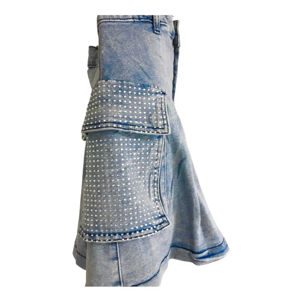 A-line crystal embellished rhinestone utility cargo style mini denim jeans skirt
